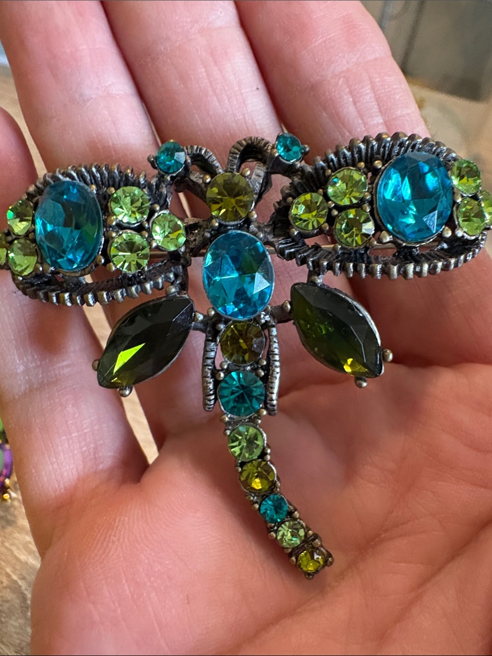 Vintage Teal & Lime Crystal Dragonfly Brooch